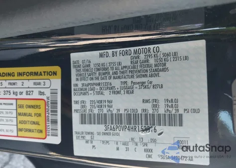 2017 Ford Fusion Sport из США, поврежденный, VIN 3FA6P0VP4HR153316